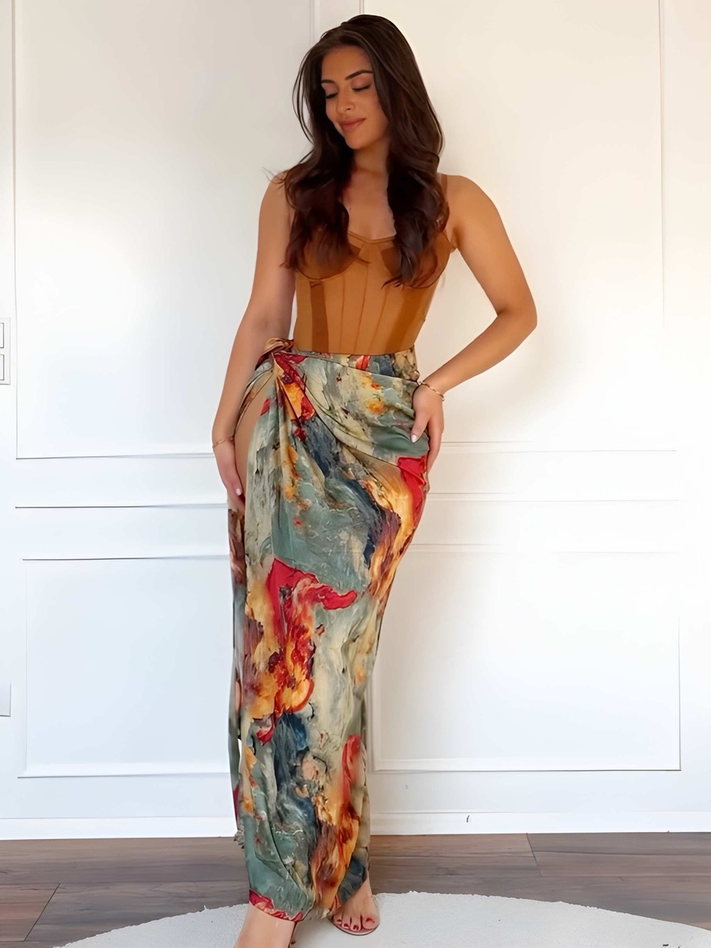 Micas Satin Floral Print Tie Front Skirt in a Blue Sz XS NWT